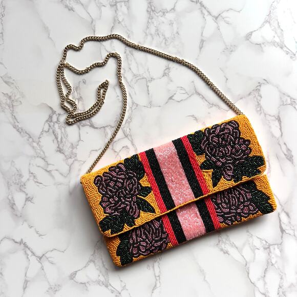 Beaded Floral Crossbody Clutch Bag – Pink Yellow Boho Embellished Purse - Picture 2 of 7